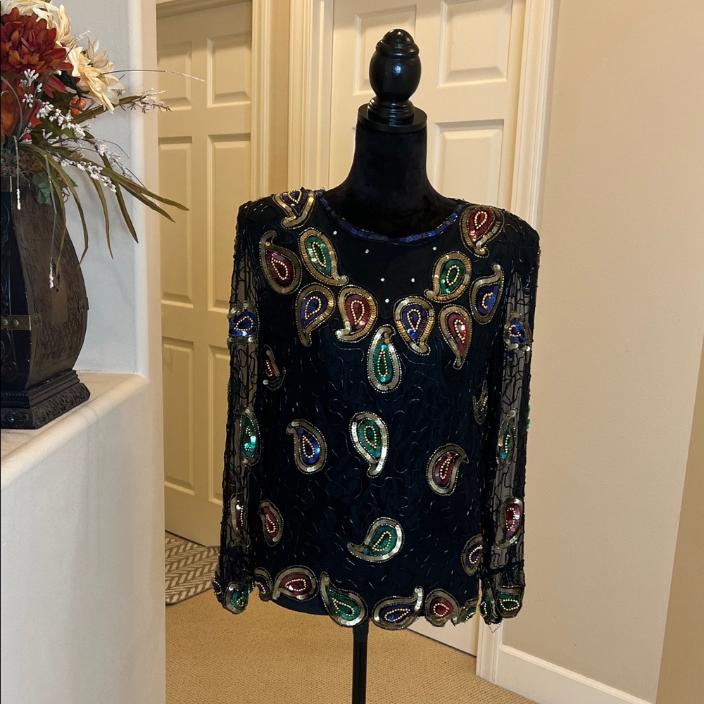 Vintage*Gold Star Silk Embellished Black Sequin & Beaded Top